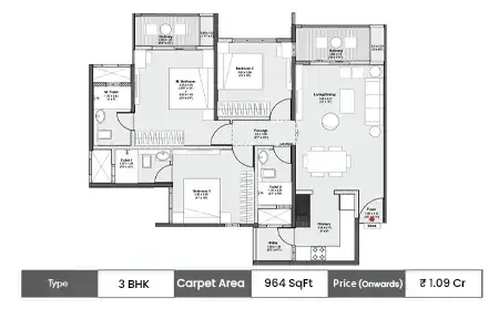3 BHK-964 SqFt